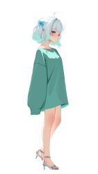 1girl ahoge alternate_costume blue_eyes blush bow ghost_girl gradient_hair green_hair hair_bow high_heels highres indie_virtual_youtuber looking_to_the_side loose_clothes loose_shirt mint_fantome multicolored_hair oversized_clothes sansha_art shirt short_hair simple_background solo two_side_up virtual_youtuber white_background white_hair