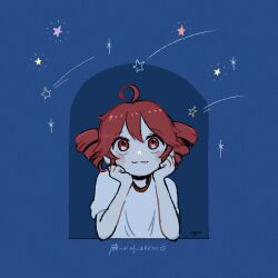 1girl ahoge ayuuu65 blue_background blush_stickers closed_mouth commentary dot_nose drill_hair film_grain hashtag-only_commentary highres kasane_teto kasane_teto_(utau) looking_outside looking_up red_eyes red_hair shirt shooting_star signature smile solo sparkle symbol-only_commentary translated twin_drills twitter_username upper_body utau white_shirt wide-eyed window