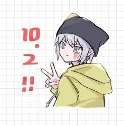 Rule 34 | 1boy, aegiomon, beanie, black hat, digimon, digimon (creature), facial mark, from behind, grey hair, hat, looking at viewer, looking back, nagoshi, pointy ears, release date, simple background, solo, upper body, v, white background, yellow hood