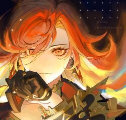Rule 34 | 1girl, absurdres, artist name, black gloves, bluesky username, closed mouth, detached collar, earrings, expressionless, genshin impact, gloves, hair between eyes, hand up, hashtag-only commentary, high collar, highres, hoop earrings, jewelry, long hair, long sleeves, looking at viewer, mavuika (genshin impact), multicolored eyes, multicolored hair, neglow, orange eyes, orange hair, solo, streaked hair, swept bangs, twitter username, upper body, wavy hair