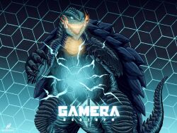 artist_name blue_electricity blue_eyes breath_weapon breathing_fire claw_mark claws electricity energy engi_(animation_studio) english_text fire gamera gamera_(series) gamera_-rebirth- giant giant_monster glowing glowing_eyes glowing_throat godzuky01 green_electricity green_eyes grid_background highres kadokawa kaiju logo monster multicolored_eyes night no_humans open_mouth plasma sharp_teeth signature sky star_(sky) starry_sky tail teeth turtle tusks two-tone_eyes