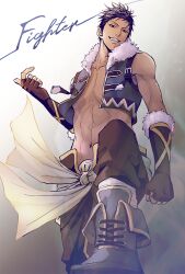 1boy a_jou abs alternate_costume alternate_universe aomine_daiki arm_up bare_pectorals bare_shoulders beckoning black_boots black_hair black_pants blue_jacket boots commentary_request dark-skinned_male dark_skin english_text foot_out_of_frame fur-trimmed_collar fur-trimmed_gloves fur_trim gloves grin jacket kuroko_no_basuke lace-up_boots looking_at_viewer male_focus navel pants pectorals short_hair single_bare_shoulder sleeveless sleeveless_jacket smile solo standing teeth white_fur