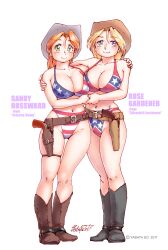 2girls american_flag_bikini american_flag_print arm_around_neck artist_name bikini blonde_hair blue_eyes boots breast_press breasts character_name cleavage confederate_flag cowboy_hat dated flag_bikini flag_print gloves green_eyes gun hat highres holding_hands large_breasts legs looking_at_viewer medium_hair multiple_girls navel print_bikini rose_gardener smile swimsuit thighs weapon yabataso