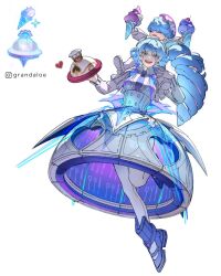 1boy 1girl blue_boots blue_eyes blue_hair boots dress drill_hair escoffier_(genshin_impact) food genshin_impact grandaloe heart highres holding holding_food holding_ice_cream ice_cream long_hair objectification pantyhose side_ponytail simple_background very_long_hair white_background white_dress white_pantyhose