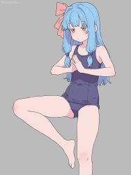 1girl barefoot blue_hair closed_mouth feet highres kotonoha_aoi loli one-piece_swimsuit orange_eyes palms_together school_swimsuit semicolonize solo standing standing_on_one_leg swimsuit thighs toes unamused voiceroid yoga