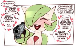 1girl ^_^ absurdres aiming aiming_at_viewer blush bob_cut border breasts closed_eyes colored_skin creatures_(company) english_text female_focus rape femdom finger_on_trigger flying_sweatdrops game_freak gardevoir gen_3_pokemon green_hair green_skin gun hair_over_one_eye handgun happy heart heart_in_mouth highres holding holding_gun holding_weapon medium_breasts meme multicolored_skin nintendo no_humans no_nipples nose_blush one_eye_covered open_mouth pokemon pokemon_(creature) rape saltyxodium shiny_skin short_hair simple_background sketch smile solo speech_bubble spoken_heart talking teeth text_focus two-tone_skin upper_body weapon white_background white_border white_skin yandere