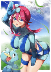 1girl absurdres ass bird blue_eyes blue_sky blush breasts cloud crop_top ducklett flying gen_5_pokemon gloves grass highres large_breasts long_sleeves looking_at_viewer nintendo pokemon pokemon_bw shorts sky skyla_(pokemon) sumomo swanna teeth thighhighs water wings