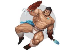 Rule 34 | 1boy, abs, absurdres, bara, bulge, clothes down, fangs, full body, fundoshi, hachimaki, hand fan, headband, highres, holding, holding fan, japanese clothes, jewelry, large pectorals, long sideburns, looking at viewer, magatama, magatama necklace, male focus, mature male, muscular, muscular male, necklace, nejiri hachimaki, nipples, pectorals, sarashi, short hair, sideburns, smile, solo, stomach, tajikarao (housamo), thick thighs, thighs, tokyo houkago summoners, topless male, traver009