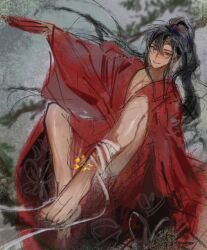1boy alternate_costume anklet bare_legs barefoot black_hair bound bound_leg chinese_clothes cup hair_between_eyes hand_fan hanfu heyoubuyou holding holding_cup implied_yaoi in_tree jewelry long_hair looking_at_viewer male_focus modao_zushi naked_robe outstretched_arm pectoral_cleavage pectorals ponytail red_robe ribbon ribbon_bondage robe sakazuki sitting sitting_in_tree sketch smile solo tree very_long_hair wei_wuxian white_ribbon