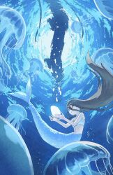 Rule 34 | 1girl, aqua eyes, bandeau, brown hair, commentary request, double-parted bangs, egg, fantasy, floating hair, hair between eyes, highres, holding, holding egg, ito yoshi, jellyfish, long bangs, long hair, looking at object, mermaid, monster girl, navel, no nose, ocean, original, outstretched hand, parted lips, scenery, sea serpent, signature, silhouette, solo, stomach, underwater, very long hair, whirlpool, white bandeau, wide shot