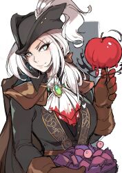 1girl almightychiru aqua_eyes ascot black_coat black_hat bloodborne brooch brown_gloves candy_apple closed_mouth coat commentary english_commentary feathers food gloves green_brooch hat hat_feather highres jewelry lady_maria_of_the_astral_clocktower looking_at_viewer smile solo tricorne white_ascot white_feathers white_hair