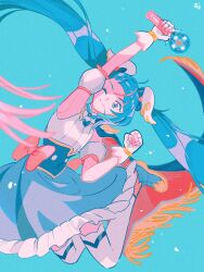 1girl arm_up armpits bare_shoulders blue_background blue_bow blue_brooch blue_cape blue_corset blue_eyes blue_hair blue_skirt blunt_bangs bow bow_skirt bracelet brooch cape clenched_hand closed_mouth collared_shirt corset cure_sky detached_sleeves dot_nose eyelashes fingerless_gloves floating_hair frilled_skirt frilled_sleeves frills fringe_trim full_body gloves gold_bracelet gradient_hair hair_bow hair_ornament happy heart heart_brooch heart_hair_ornament high_collar highres hirogaru_sky!_precure holding holding_microphone jewelry jumping leaning_to_the_side light_particles long_hair looking_at_viewer microphone miniskirt multicolored_hair omyo_(myomyomyo22) one_eye_closed pink_bow pink_hair pleated_skirt precure puffy_short_sleeves puffy_sleeves red_cape shirt short_sleeves sidelocks signature simple_background skirt smile solo sora_harewataru streaked_hair thighhighs two-sided_cape two-sided_fabric two-tone_hair very_long_hair white_gloves white_shirt white_sleeves white_thighhighs wing_hair_ornament