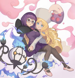 2girls absurdres blonde_hair blue_fire breasts brown_eyes caitlin_(pokemon) chandelure commentary_request dress eyelashes fire gen_5_pokemon glasses gloves hat highres holding_hands long_hair long_sleeves maboroshi_yuki_shiro multiple_girls musharna nintendo pantyhose parted_bangs pink_shoes pokemon pokemon_(creature) pokemon_bw purple_hair purple_skirt round_eyewear shauntal_(pokemon) shoes skirt white_background