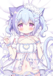 1girl animal_ears azumi_kazuki babydoll bed_sheet blue_hair blush cat_ears cat_girl cat_tail closed_mouth commentary_request detached_sleeves frills hair_between_eyes highres looking_at_viewer navel original puffy_short_sleeves puffy_sleeves purple_eyes see-through_clothes short_sleeves solo tail twintails white_sleeves wrist_cuffs