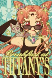 1girl animal bishoujo_senshi_sailor_moon black_dress black_gloves cat chibi_usa commentary_request crescent crescent_facial_mark diana_(sailor_moon) double_bun dress elbow_gloves facial_mark gloves hair_bun highres jewelry looking_to_the_side necklace pink_eyes pink_hair prettysavage30 smile sparkle upper_body