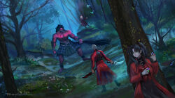 Rule 34 | 1girl, 2boys, 2girls, archer (fate), armor, artist name, behind tree, bird, bixclowart, black hair, black skirt, breasts, coat, dagger, dark-skinned male, dark skin, dress, dual wielding, fate/stay night, fate (series), forest, fur hat, gem, green eyes, hair ribbon, hat, heracles (fate), hiding, highres, holding, holding dagger, holding knife, holding weapon, illyasviel von einzbern, jewelry, kanshou &amp; bakuya (fate), knife, long hair, long sleeves, medium breasts, multiple boys, multiple girls, muscular, nameless axe-sword (fate), nature, overcoat, red coat, red eyes, ribbon, short hair, skirt, sword, tohsaka rin, tree, twintails day, two side up, weapon, white hair, winter clothes