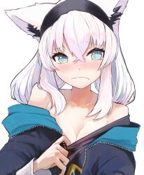 1girl :s @_@ animal_ear_fluff animal_ears aqua_eyes black_hairband black_shirt blue_jacket breasts choppy_bangs cleavage clothes_pull crossed_bangs embarrassed fox_ears hairband hashtag-only_commentary highres hololive jacket light_blush medium_breasts medium_hair nyucha off_shoulder official_alternate_costume open_clothes open_jacket shirakami_fubuki shirakami_fubuki_(loungewear) shirt shirt_pull sidelocks simple_background solo unzipped upper_body virtual_youtuber white_background white_hair