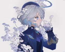 1girl blue_eyes blue_hair c4c7h flower furina_(genshin_impact) genshin_impact gloves grey_gloves grey_hair hand_up highres medium_hair multicolored_hair parted_lips profile simple_background solo two-tone_hair upper_body white_background white_flower