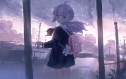 1girl absurdres ahoge axleaki bag blue_archive chromatic_aberration cloud cloudy_sky commentary_request halo highres light_smile looking_at_viewer outdoors pink_hair school_uniform shoulder_bag sky tagme twintails upper_body utility_pole