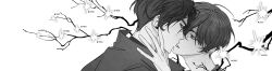 2boys bare_tree benkdjjituibot black_coat black_eyes black_hair branch coat double-parted_bangs greyscale hair_between_eyes hand_on_another&#039;s_neck highres kim_dokja kiss male_focus monochrome multiple_boys omniscient_reader&#039;s_viewpoint popped_collar portrait short_hair tree yaoi yoo_joonghyuk