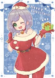 1girl ;d amari_(ama_shiiiiiiba) bare_shoulders bell belt black_belt blue_background blush box bracelet breasts chain choker christmas cowboy_shot dress fur-trimmed_dress fur_trim gift gift_box gloves gold_chain green_eyes grey_hair hat highres holding holding_gift hololive hololive_christmas_outfit jewelry large_breasts looking_at_viewer lying medium_hair merry_christmas mini_hat mini_santa_hat neck_bell off-shoulder_dress off_shoulder official_alternate_costume on_back one_eye_closed open_mouth pantyhose red_choker red_dress red_gloves red_hat red_pantyhose santa_costume santa_dress santa_hat shirogane_noel short_dress smile solo triangle_bracelet virtual_youtuber watermark wavy_hair