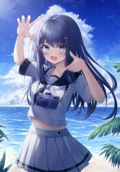 Rule 34 | 1girl, absurdres, arm up, beach, blue eyes, blue hair, blue sky, blush, camera, camera around neck, cloud, collarbone, commentary request, cowboy shot, day, finger frame, fingernails, floating hair, grey serafuku, grey shirt, grey skirt, hair ornament, hairclip, hand up, highres, ichizon, korean commentary, long hair, looking at viewer, midriff peek, multicolored neckerchief, multicolored sailor collar, neckerchief, ocean, open mouth, original, outdoors, palm leaf, pleated skirt, school uniform, serafuku, shirt, skirt, sky, smile, solo, standing