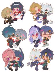 6+boys 6+girls asaba_harumasa astra_yao belle_(zenless_zone_zero) black_hair blonde_hair blue_eyes blue_hair blunt_bangs blush ceniwen chibi closed_eyes commentary couple english_commentary evelyn_chevalier full_body glasses green_eyes green_hair grey_hair hair_between_eyes hetero highres holding_hands hoshimi_miyabi hugo_vlad lighter_(zenless_zone_zero) multiple_boys multiple_girls one_eye_closed pink_eyes pink_hair purple_eyes red_eyes seth_lowell short_hair sidelocks simple_background smile tsukishiro_yanagi vivian_banshee von_lycaon white_background white_hair wise_(zenless_zone_zero) yellow_eyes yuri zenless_zone_zero