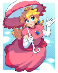 1girl 333_(dqqqdle) blonde_hair blue_eyes bright_pupils crown dress earrings elbow_gloves gloves highres holding holding_umbrella jewelry long_dress long_hair mario_(series) nintendo parasol pink_dress pink_umbrella princess_peach puffy_short_sleeves puffy_sleeves short_sleeves solo sphere_earrings umbrella white_gloves white_pupils