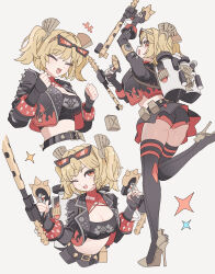 1girl absurdres ass belt black_belt black_jacket black_shorts black_skirt blonde_hair breasts burnice_white cleavage closed_eyes cowboy_shot crop_top eyewear_on_head flamethrower full_body hair_between_eyes high-waist_skirt highres holding holding_flamethrower holding_weapon jacket large_breasts long_hair midriff multiple_views one_eye_closed open_mouth origami_gyokuo red-tinted_eyewear red_eyes shorts shorts_under_skirt sidelocks simple_background skirt sparkle spiked_belt sunglasses tinted_eyewear upper_body weapon zenless_zone_zero