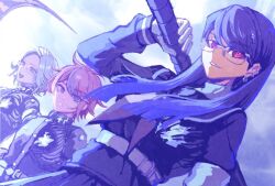 1girl 2boys aotsuki_eito armband axe belt black_hair black_jacket gakuran gloves grey_eyes grey_hair grin hashtag-only_commentary holding holding_axe holding_scythe holding_weapon ht_user_ruja8272 jacket long_hair long_sleeves looking_at_viewer multicolored_hair multiple_boys neckerchief purple_eyes red_eyes red_hair school_uniform scythe shizuhara_hiruko short_hair smile streaked_hair sumino_takumi sweatdrop the_hundred_line_-last_defense_academy- weapon white_belt white_gloves
