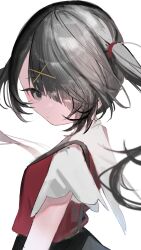 1girl absurdres ame-chan_(needy_girl_overdose) black_eyes hair_ornament hair_over_one_eye highres looking_at_viewer looking_back mika3kami needy_girl_overdose red_shirt shirt short_twintails sidelocks skirt solo suspender_skirt suspenders twintails upper_body winged_sleeves x_hair_ornament
