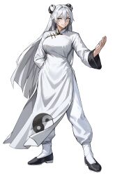 1girl absurdres arms_behind_back bun_cover changpao china_dress chinese_clothes double_bun dress fighting fighting_stance hair_bun highres kokoro_no_koibito kung_fu long_hair long_sleeves martial_arts original smile tangzhuang training white_background white_dress white_hair