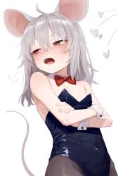 1girl absurdres animal_ears black_pantyhose blue_leotard blush bow bowtie breasts commentary_request covered_navel cowboy_shot crossed_arms detached_collar grey_hair heart highleg highleg_leotard highres leotard long_hair mouse_ears mouse_girl mouse_tail nanihatomoare open_mouth original pantyhose playboy_bunny red_bow red_bowtie red_eyes revision simple_background small_breasts solo strapless strapless_leotard tail teeth upper_teeth_only white_background wrist_cuffs