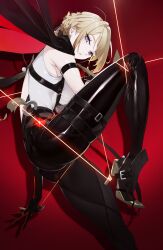 1girl arm_strap blonde_hair chest_harness duto elbow_gloves evelyn_chevalier gloves half_gloves harness high-waist_pants highres necktie pants ring_hair_ornament single_elbow_glove single_half_glove tight_clothes tight_pants uneven_bangs yellow_necktie zenless_zone_zero