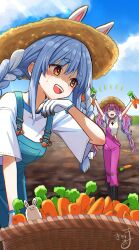 2girls :d ^_^ animal_ears basket black_boots blue_hair blue_sky boots braid breasts brown_hat carrot closed_eyes cloud commentary_request crop_top day dirty dirty_clothes don-chan_(usada_pekora) ears_through_headwear food gloves hair_between_eyes hat highres holding holding_food hololive hololive_dev_is kikirara_vivi kiritoma knee_boots long_hair multicolored_hair multiple_girls open_mouth outdoors overalls pink_hair purple_hair rabbit-shaped_pupils rabbit_ears red_eyes shirt short_eyebrows short_sleeves sky small_breasts smile straw_hat sweat symbol-shaped_pupils thick_eyebrows twin_braids twintails two-tone_hair usada_pekora very_long_hair virtual_youtuber walking white_gloves white_hair white_shirt