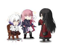 3girls ar-15 assault_rifle asymmetrical_legwear black_hair black_jacket black_skirt black_thighhighs blood blood_from_mouth blood_on_face chibi coat dandelion_(girls&#039;_frontline) girls&#039;_frontline gloves griffin_&amp;_kryuger_military_uniform gun highres holding holding_gun holding_weapon jacket long_hair morridow_(girls&#039;_frontline) multiple_girls on_chair open_clothes open_jacket pink_hair purple_eyes red_coat red_gloves rifle simple_background sitting skirt sleeves_past_wrists st_ar-15_(girls&#039;_frontline) st_ar-15_(mod3)_(girls&#039;_frontline) straitjacket thighhighs weapon white_background white_hair white_jacket whoseit yellow_eyes