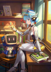 1girl absurdres android birgitta_(genshin_impact) blue_eyes blue_hair book box breasts curtains flower genshin_impact glass_bottle hair_bun hat highres indoors ineffa_(genshin_impact) jinwei_qianbi joints picture_frame red_flower robot_joints short_hair sitting small_breasts solo table vase window
