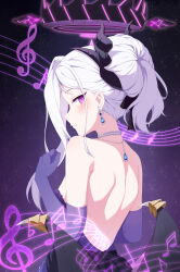 1girl absurdres back backless_dress backless_outfit black_halo blue_archive blush breasts demon_girl demon_horns demon_wings dress earrings elbow_gloves embarrassed evening_gown gloves halo highres hina_(blue_archive) hina_(dress)_(blue_archive) horns jewelry long_hair mengxin_huazha necklace nose_blush off_shoulder pendant purple_dress purple_eyes purple_gloves small_breasts solo star_(sky) white_hair wings score:0 rating:sensitive Rule 34 | 1girl, absurdres, back, backless dress, backless outfit, black halo, blue archive, blush, breasts, demon girl, demon horns, demon wings, dress, earrings, elbow gloves, embarrassed, evening gown, gloves, halo, highres, hina (blue archive), hina (dress) (blue archive), horns, jewelry, long hair, mengxin huazha, necklace, nose blush, off shoulder, pendant, purple dress, purple eyes, purple gloves, small breasts, solo, star (sky), white hair, wings