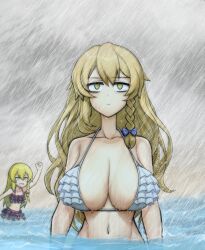 1boy 1girl bags_under_eyes bikini black_bikini blonde_hair blue_bow bow braid breasts cleavage closed_mouth commentary_request cookie_(touhou) crossdressing expressionless frilled_bikini frills genderswap genderswap_(ftm) hair_bow jigoku_no_soko_de_coffee_wo_nomu_neko kirisame_marisa large_breasts long_hair mars_(cookie) navel ocean outdoors rain rei_(cookie) side_braid single_braid solo_focus swimsuit touhou trap upper_body variant_set water white_bikini yellow_eyes