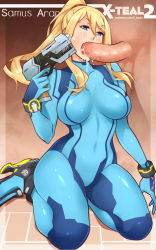 1boy 1girl artist_name blonde_hair blue_eyes blush bodysuit bracelet breasts character_name cheek_bulge clothed_female_nude_male cum cum_in_mouth cumdrip fellatio finger_on_trigger full_body gun gun_to_head handgun head_out_of_frame hetero holding holding_gun holding_weapon jewelry kneeling large_breasts large_penis lipstick long_hair makeup metroid nintendo nude oral cum_overflow penis ponytail saliva samus_aran sidelocks skin_tight solo_focus super_smash_bros. uncensored weapon x-t3al zero_suit