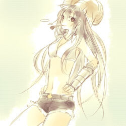 1girl ark_kan belt_buckle bikini bikini_top_only black_shorts breasts brown_eyes brown_hair brown_horns buckle closed_mouth commentary_request cowboy_shot fake_horns hands_on_own_hips horns long_hair looking_at_viewer lowres medium_breasts midriff navel ragnarok_online short_shorts shorts smile smoking_pipe solo star_(symbol) swimsuit very_long_hair white_bikini whitesmith_(ragnarok_online)