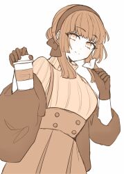 1girl blunt_sidelocks cup disposable_coffee_cup disposable_cup dress fur_jacket hair_bun hair_ribbon high-waist_skirt highres jacket kantai_collection long_hair mogador_(kancolle) mogador_(saury_festival)_(kancolle) monochrome nagi_kantai114 official_alternate_costume overall_skirt pleated_dress ribbed_sweater ribbon sepia skirt smile solo suspender_skirt suspenders sweater