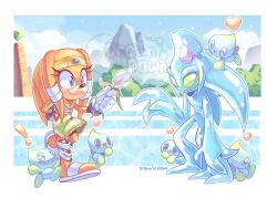 1girl 1other artist_name blue_eyes chao_(sonic) chaos_(sonic) drawntildawn flower furry furry_female gloves green_skirt holding holding_flower lily_(flower) looking_at_another orange_fur sandals skirt sonic_(series) tikal_the_echidna watermark white_flower white_gloves white_sandals