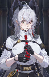 Rule 34 | 1girl, adjusting clothes, adjusting gloves, arm pouch, armband, bad id, bad twitter id, bags under eyes, black armband, black choker, black eyes, black gloves, black horns, black jacket, black pants, black pouch, breasts, chest harness, choker, closed mouth, collared shirt, commentary, cowboy shot, curled horns, gloves, grey hair, hair between eyes, harness, hashtag-only commentary, highres, horns, indoors, jacket, jacket on shoulders, large breasts, long hair, looking at viewer, mihan (mihan art), multicolored eyes, multicolored hair, necktie, pants, red eyes, red necktie, shirt, shirt tucked in, solo, streaked hair, two-tone eyes, white shirt, wuthering waves, zani (wuthering waves)
