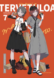 2girls absurdres ahoge artist_name asakura_toru bag belt black_footwear black_nails black_necktie black_skirt blue_eyes boots brown_hair bucket burger character_name commentary_request dress eating elbow_carry food food_on_face french_fries full_body gloves grey_dress hand_on_own_hip hat highres higuchi_madoka holding holding_bag holding_food holding_mop idolmaster idolmaster_shiny_colors long_dress long_sleeves looking_at_viewer mcdonald&#039;s mole mole_under_eye momomoi_momoi mop multiple_girls necktie open_mouth orange_background paper_bag parted_bangs pink_eyes sandals short_hair simple_background skirt socks standing white_socks