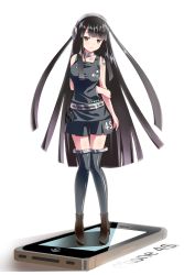 1girl amino_kohaku apple_inc. arm_behind_back arm_grab black_eyes black_hair black_thighhighs boots cellphone collar female_focus frown headphones highres hime_cut iphone long_hair original personification phone simple_background siri smartphone solo standing text_focus thighhighs very_long_hair white_background zettai_ryouiki
