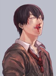 Rule 34 | 1boy, arakita yasutomo, black hair, blood, blood from forehead, brown cardigan, bruise, bruise on face, cardigan, collared shirt, grey background, hair between eyes, injury, licking blood, licking lips, looking down, loose necktie, male focus, necktie, nosebleed, open mouth, partially unbuttoned, red necktie, school uniform, shirt, short hair, simple background, small pupils, solo, takako (katakoto), tongue, tongue out, upper body, v-shaped eyebrows, yowamushi pedal