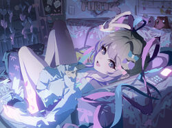 1girl animal_on_back blonde_hair blue_eyes blue_hair blue_sailor_collar blue_shirt blue_skirt blue_sky chouzetsusaikawa_tenshi-chan commentary controller game_controller highres holding holding_controller holding_game_controller indoors junpaku_karen long_sleeves looking_at_viewer lying needy_girl_overdose on_back open_mouth pink_hair sailor_collar school_uniform serafuku shirt skirt sky solo