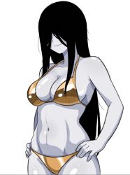 1girl alternate_costume bikini black_hair breasts cleavage gold_bikini graphicthereal hair_over_eyes hands_on_own_hips highres large_breasts legs long_hair navel sideboob smile swimsuit the_ring thighs toned very_long_hair yamamura_sadako