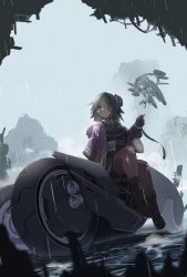 1girl absurdres black_ribbon boots breasts brown_boots buckle closed_mouth commentary english_commentary floating flower fog gloves grey_hair hair_flower hair_ornament hair_over_one_eye hand_up highres ichiyon jacket long_sleeves looking_at_viewer medium_hair motor_vehicle motorcycle original outdoors pantyhose pouch purple_gloves purple_jacket purple_pantyhose rain red_eyes ribbon robot ruins science_fiction sitting small_breasts solo spiked_hair torn_clothes torn_pantyhose water wheel wide_sleeves
